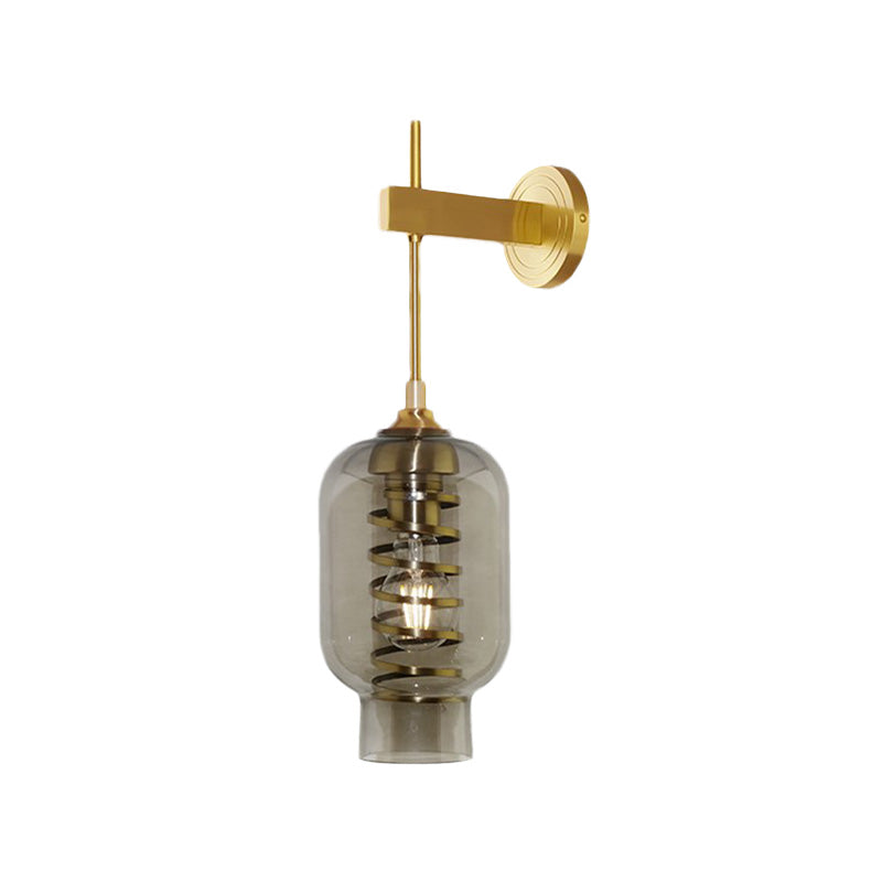 Lantern Smoke Gray Glass Wall Lighting Postmodern 1 Bulb Brass Wall Lamp Sconce for Tea Room Clearhalo 'Cast Iron' 'Glass' 'Industrial' 'Modern wall lights' 'Modern' 'Tiffany' 'Traditional wall lights' 'Wall Lamps & Sconces' 'Wall Lights' Lighting' 758947