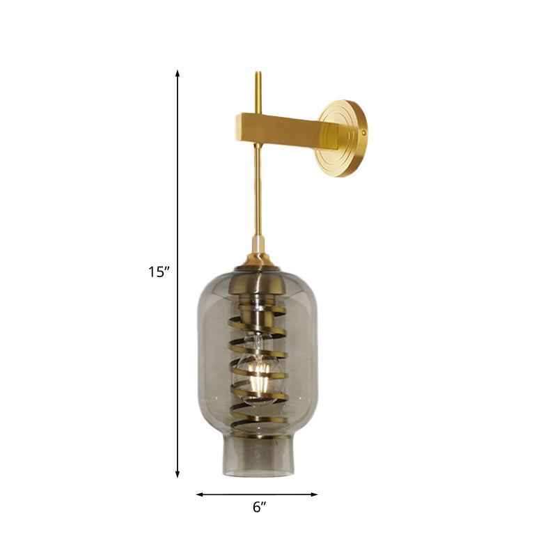 Lantern Smoke Gray Glass Wall Lighting Postmodern 1 Bulb Brass Wall Lamp Sconce for Tea Room Clearhalo 'Cast Iron' 'Glass' 'Industrial' 'Modern wall lights' 'Modern' 'Tiffany' 'Traditional wall lights' 'Wall Lamps & Sconces' 'Wall Lights' Lighting' 758948