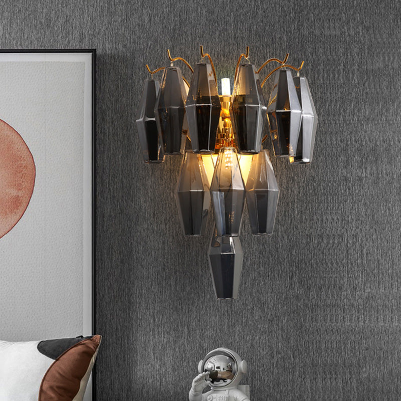 3-Tier Diamond Wall Lighting Modernist Amber/Smoke Gray/Grey and Yellow Glass 7-Light Living Room Wall Mounted Lamp Smoke Gray Clearhalo 'Cast Iron' 'Glass' 'Industrial' 'Modern wall lights' 'Modern' 'Tiffany' 'Traditional wall lights' 'Wall Lamps & Sconces' 'Wall Lights' Lighting' 758953
