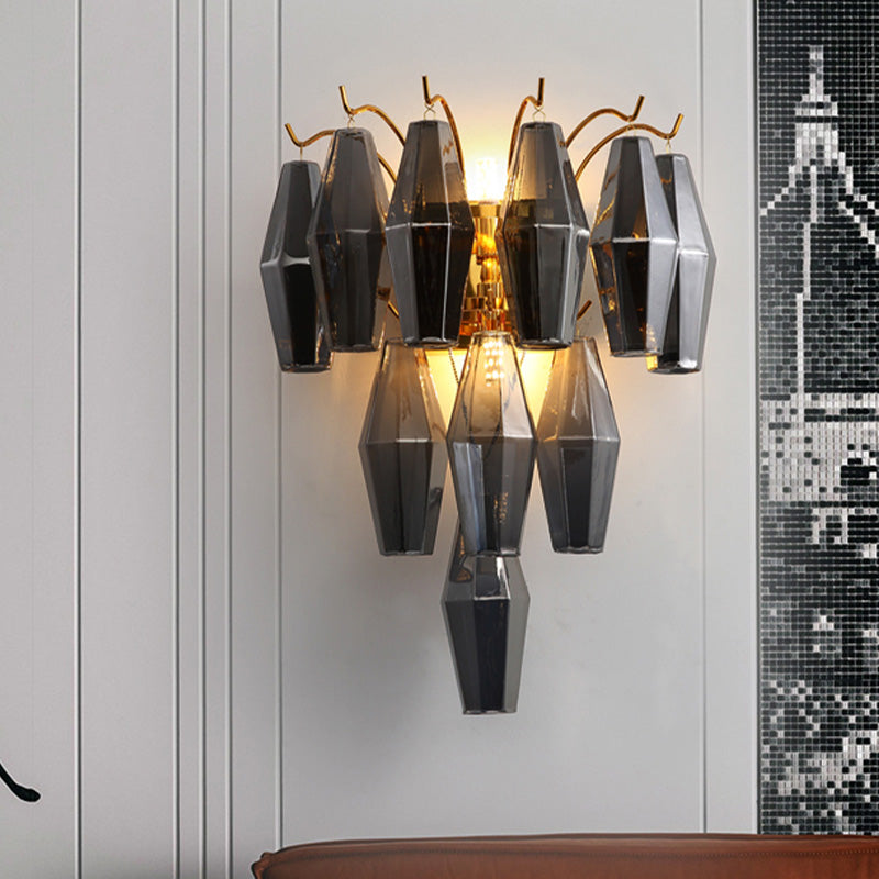3-Tier Diamond Wall Lighting Modernist Amber/Smoke Gray/Grey and Yellow Glass 7-Light Living Room Wall Mounted Lamp Clearhalo 'Cast Iron' 'Glass' 'Industrial' 'Modern wall lights' 'Modern' 'Tiffany' 'Traditional wall lights' 'Wall Lamps & Sconces' 'Wall Lights' Lighting' 758954