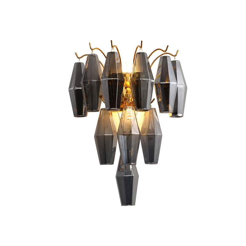 3-Tier Diamond Wall Lighting Modernist Amber/Smoke Gray/Grey and Yellow Glass 7-Light Living Room Wall Mounted Lamp Clearhalo 'Cast Iron' 'Glass' 'Industrial' 'Modern wall lights' 'Modern' 'Tiffany' 'Traditional wall lights' 'Wall Lamps & Sconces' 'Wall Lights' Lighting' 758955