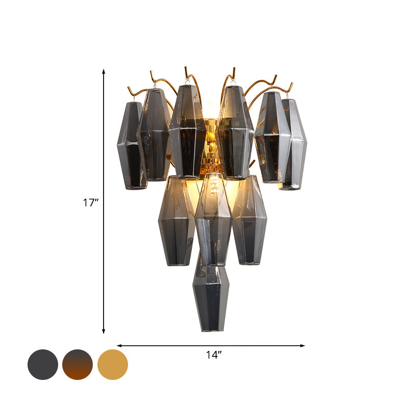 3-Tier Diamond Wall Lighting Modernist Amber/Smoke Gray/Grey and Yellow Glass 7-Light Living Room Wall Mounted Lamp Clearhalo 'Cast Iron' 'Glass' 'Industrial' 'Modern wall lights' 'Modern' 'Tiffany' 'Traditional wall lights' 'Wall Lamps & Sconces' 'Wall Lights' Lighting' 758956