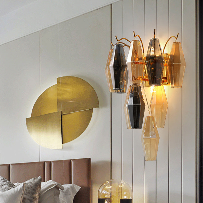 3-Tier Diamond Wall Lighting Modernist Amber/Smoke Gray/Grey and Yellow Glass 7-Light Living Room Wall Mounted Lamp Clearhalo 'Cast Iron' 'Glass' 'Industrial' 'Modern wall lights' 'Modern' 'Tiffany' 'Traditional wall lights' 'Wall Lamps & Sconces' 'Wall Lights' Lighting' 758958