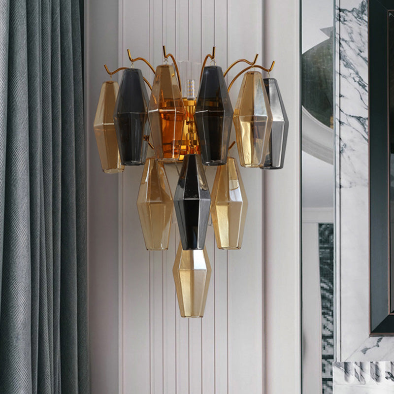 3-Tier Diamond Wall Lighting Modernist Amber/Smoke Gray/Grey and Yellow Glass 7-Light Living Room Wall Mounted Lamp Clearhalo 'Cast Iron' 'Glass' 'Industrial' 'Modern wall lights' 'Modern' 'Tiffany' 'Traditional wall lights' 'Wall Lamps & Sconces' 'Wall Lights' Lighting' 758959