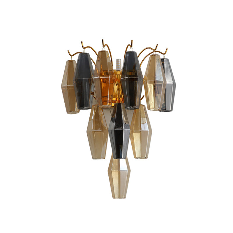3-Tier Diamond Wall Lighting Modernist Amber/Smoke Gray/Grey and Yellow Glass 7-Light Living Room Wall Mounted Lamp Clearhalo 'Cast Iron' 'Glass' 'Industrial' 'Modern wall lights' 'Modern' 'Tiffany' 'Traditional wall lights' 'Wall Lamps & Sconces' 'Wall Lights' Lighting' 758960