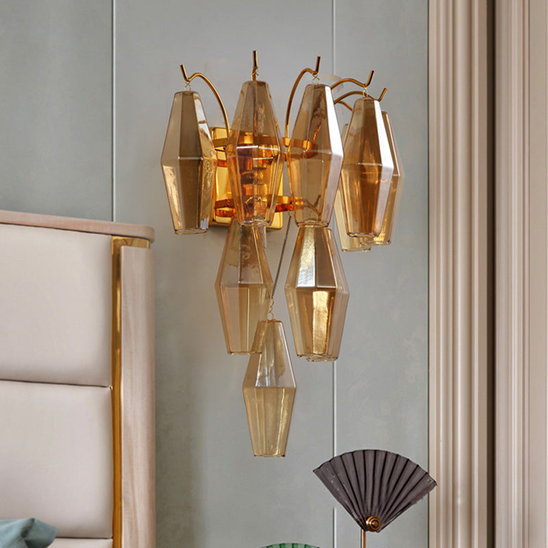 3-Tier Diamond Wall Lighting Modernist Amber/Smoke Gray/Grey and Yellow Glass 7-Light Living Room Wall Mounted Lamp Amber Clearhalo 'Cast Iron' 'Glass' 'Industrial' 'Modern wall lights' 'Modern' 'Tiffany' 'Traditional wall lights' 'Wall Lamps & Sconces' 'Wall Lights' Lighting' 758961