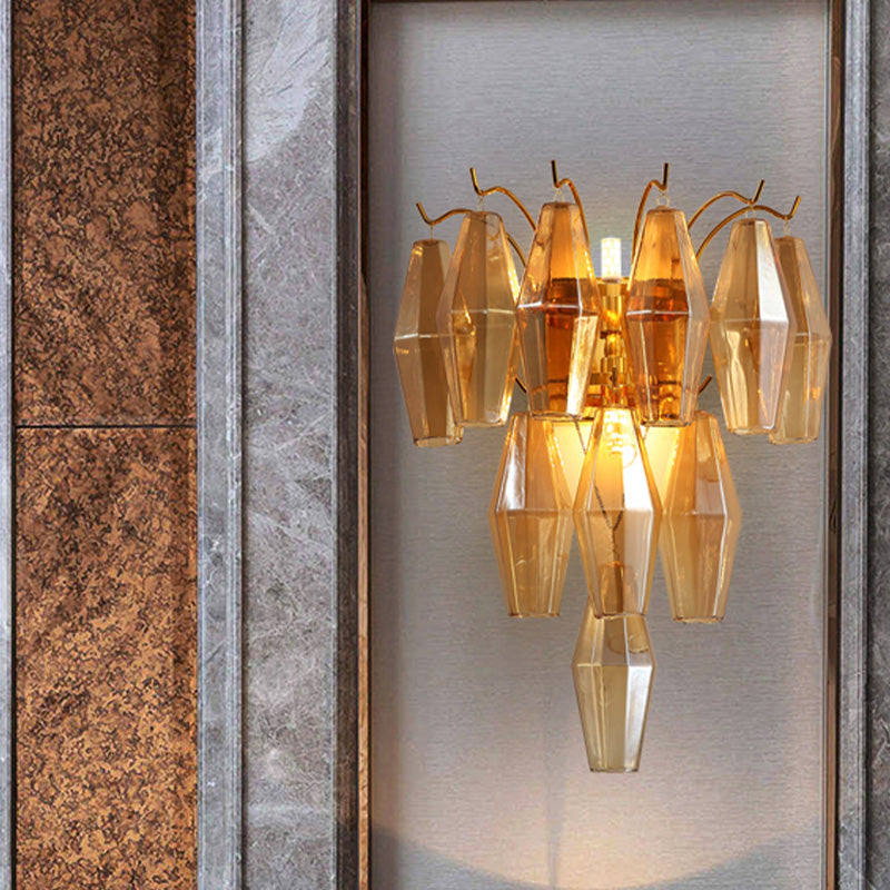 3-Tier Diamond Wall Lighting Modernist Amber/Smoke Gray/Grey and Yellow Glass 7-Light Living Room Wall Mounted Lamp Clearhalo 'Cast Iron' 'Glass' 'Industrial' 'Modern wall lights' 'Modern' 'Tiffany' 'Traditional wall lights' 'Wall Lamps & Sconces' 'Wall Lights' Lighting' 758962