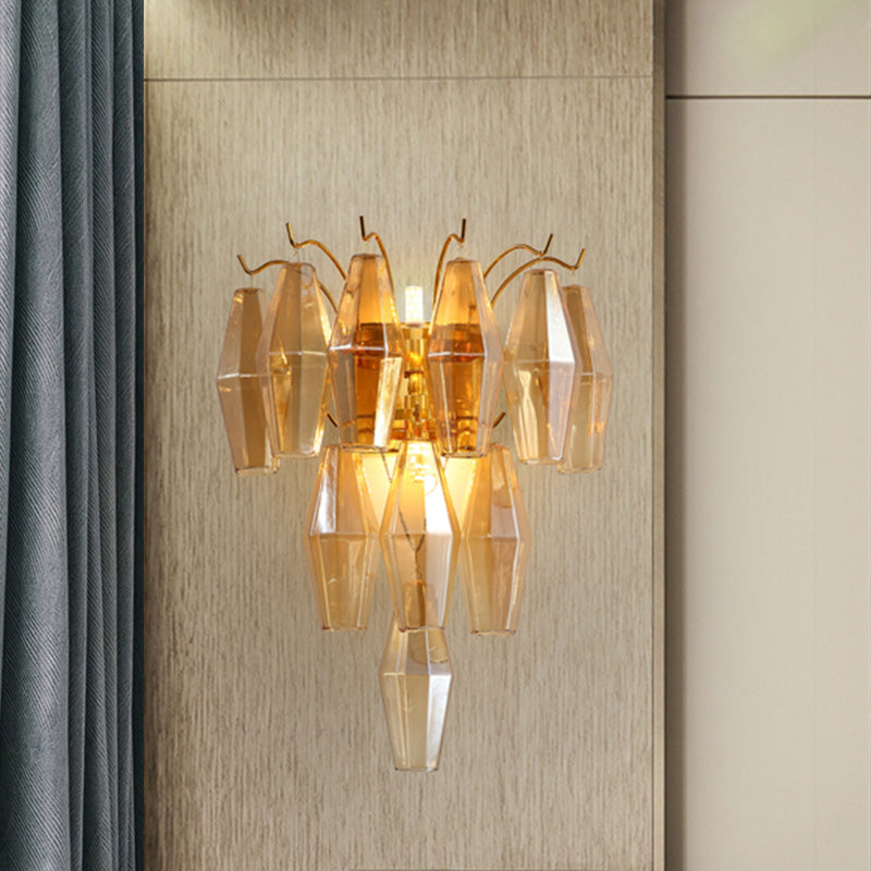 3-Tier Diamond Wall Lighting Modernist Amber/Smoke Gray/Grey and Yellow Glass 7-Light Living Room Wall Mounted Lamp Clearhalo 'Cast Iron' 'Glass' 'Industrial' 'Modern wall lights' 'Modern' 'Tiffany' 'Traditional wall lights' 'Wall Lamps & Sconces' 'Wall Lights' Lighting' 758963
