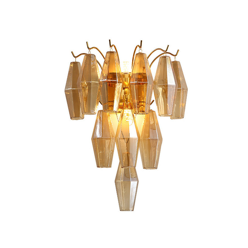 3-Tier Diamond Wall Lighting Modernist Amber/Smoke Gray/Grey and Yellow Glass 7-Light Living Room Wall Mounted Lamp Clearhalo 'Cast Iron' 'Glass' 'Industrial' 'Modern wall lights' 'Modern' 'Tiffany' 'Traditional wall lights' 'Wall Lamps & Sconces' 'Wall Lights' Lighting' 758964