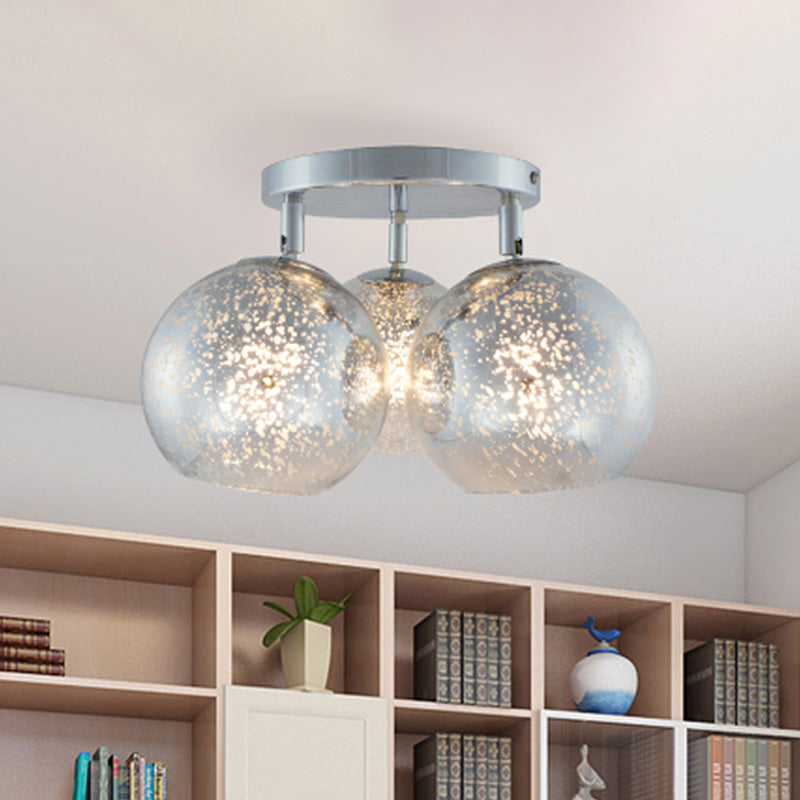 Chrome Spherical Semi Flush Lighting Modern 3 Bulbs White Frosted/Silver Dot Glass Flush Ceiling Lamp Silver Clearhalo 'Ceiling Lights' 'Close To Ceiling Lights' 'Close to ceiling' 'Glass shade' 'Glass' 'Pendant Lights' 'Semi-flushmount' Lighting' 758965