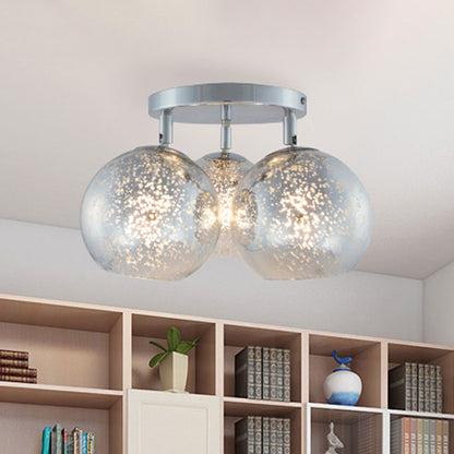 Chrome Spherical Semi Flush Lighting Modern 3 Bulbs White Frosted/Silver Dot Glass Flush Ceiling Lamp Silver Clearhalo 'Ceiling Lights' 'Close To Ceiling Lights' 'Close to ceiling' 'Glass shade' 'Glass' 'Pendant Lights' 'Semi-flushmount' Lighting' 758965