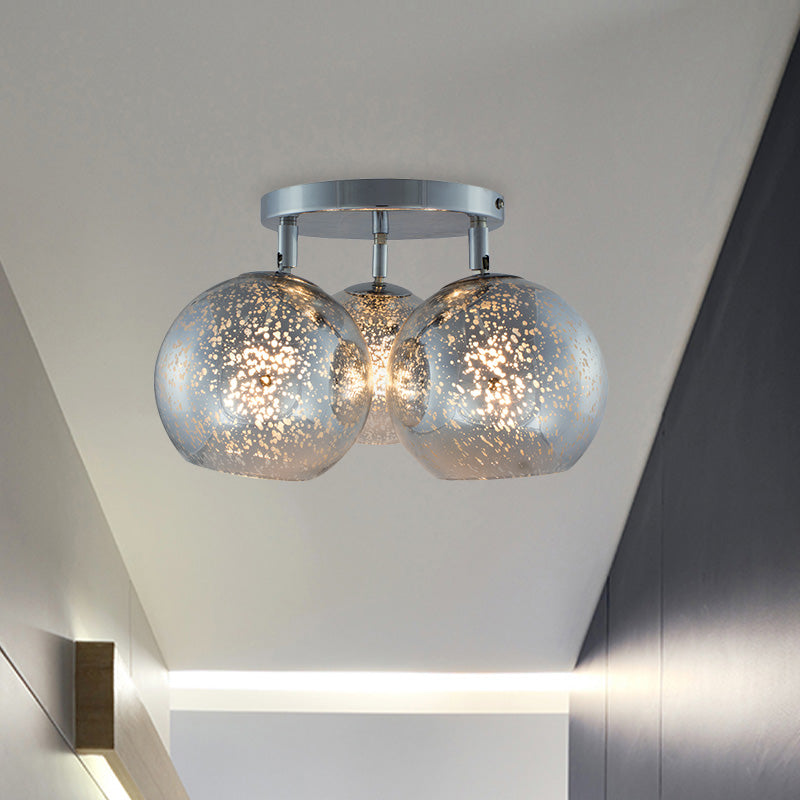 Chrome Spherical Semi Flush Lighting Modern 3 Bulbs White Frosted/Silver Dot Glass Flush Ceiling Lamp Clearhalo 'Ceiling Lights' 'Close To Ceiling Lights' 'Close to ceiling' 'Glass shade' 'Glass' 'Pendant Lights' 'Semi-flushmount' Lighting' 758966