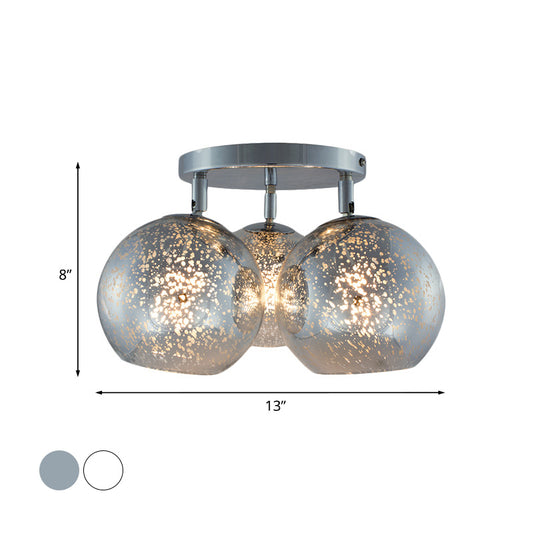 Chrome Spherical Semi Flush Lighting Modern 3 Bulbs White Frosted/Silver Dot Glass Flush Ceiling Lamp Clearhalo 'Ceiling Lights' 'Close To Ceiling Lights' 'Close to ceiling' 'Glass shade' 'Glass' 'Pendant Lights' 'Semi-flushmount' Lighting' 758968