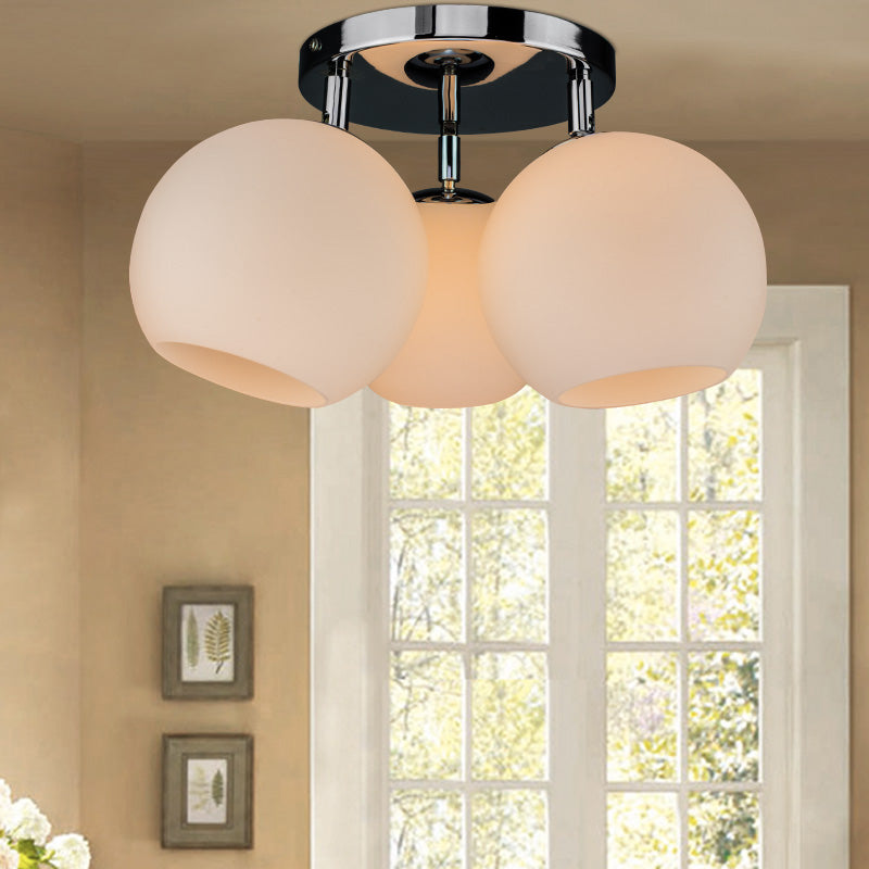 Chrome Spherical Semi Flush Lighting Modern 3 Bulbs White Frosted/Silver Dot Glass Flush Ceiling Lamp White Clearhalo 'Ceiling Lights' 'Close To Ceiling Lights' 'Close to ceiling' 'Glass shade' 'Glass' 'Pendant Lights' 'Semi-flushmount' Lighting' 758969