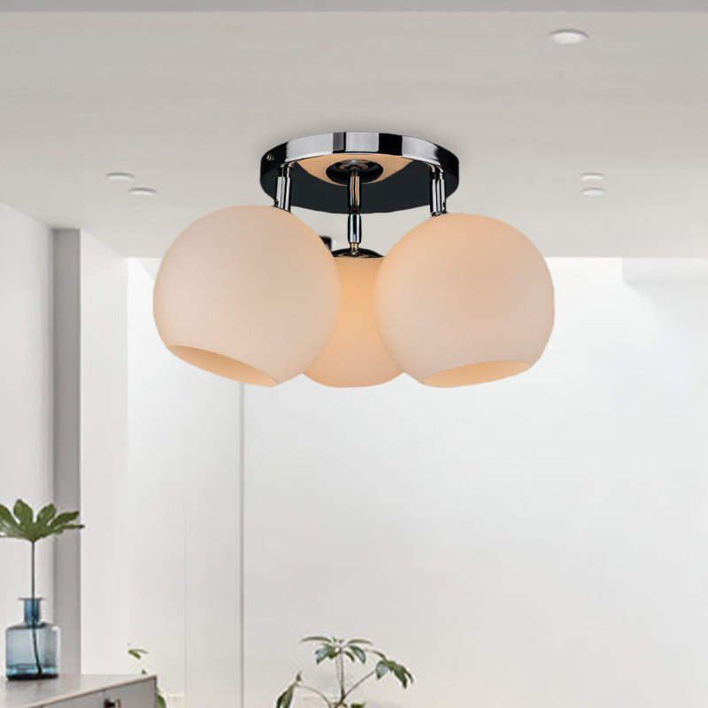 Chrome Spherical Semi Flush Lighting Modern 3 Bulbs White Frosted/Silver Dot Glass Flush Ceiling Lamp Clearhalo 'Ceiling Lights' 'Close To Ceiling Lights' 'Close to ceiling' 'Glass shade' 'Glass' 'Pendant Lights' 'Semi-flushmount' Lighting' 758970