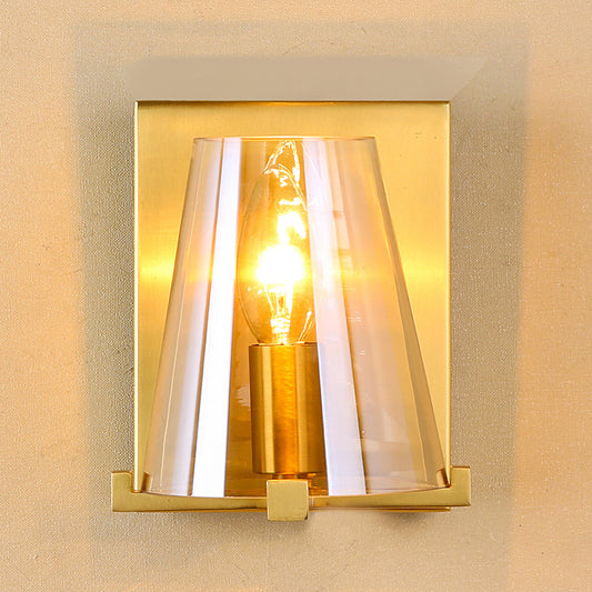 Gold Finish Rectangle Wall Sconce Post Modern 1 Bulb Metal Wall Lamp with Conic Amber Glass Shade Gold Clearhalo 'Cast Iron' 'Glass' 'Industrial' 'Modern wall lights' 'Modern' 'Tiffany' 'Traditional wall lights' 'Wall Lamps & Sconces' 'Wall Lights' Lighting' 758973