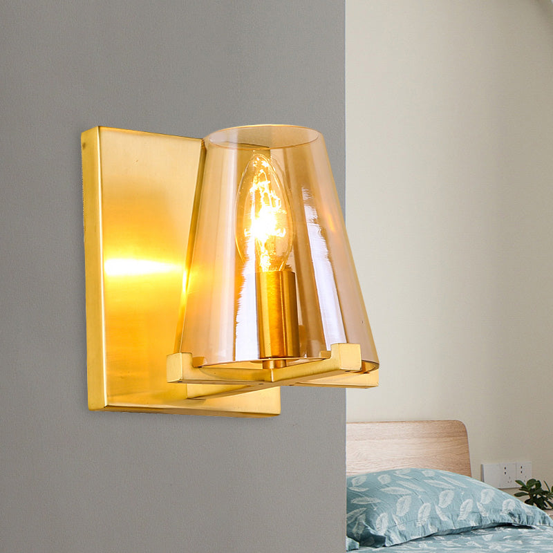 Gold Finish Rectangle Wall Sconce Post Modern 1 Bulb Metal Wall Lamp with Conic Amber Glass Shade Clearhalo 'Cast Iron' 'Glass' 'Industrial' 'Modern wall lights' 'Modern' 'Tiffany' 'Traditional wall lights' 'Wall Lamps & Sconces' 'Wall Lights' Lighting' 758974