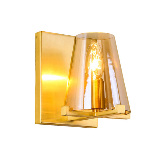 Gold Finish Rectangle Wall Sconce Post Modern 1 Bulb Metal Wall Lamp with Conic Amber Glass Shade Clearhalo 'Cast Iron' 'Glass' 'Industrial' 'Modern wall lights' 'Modern' 'Tiffany' 'Traditional wall lights' 'Wall Lamps & Sconces' 'Wall Lights' Lighting' 758975