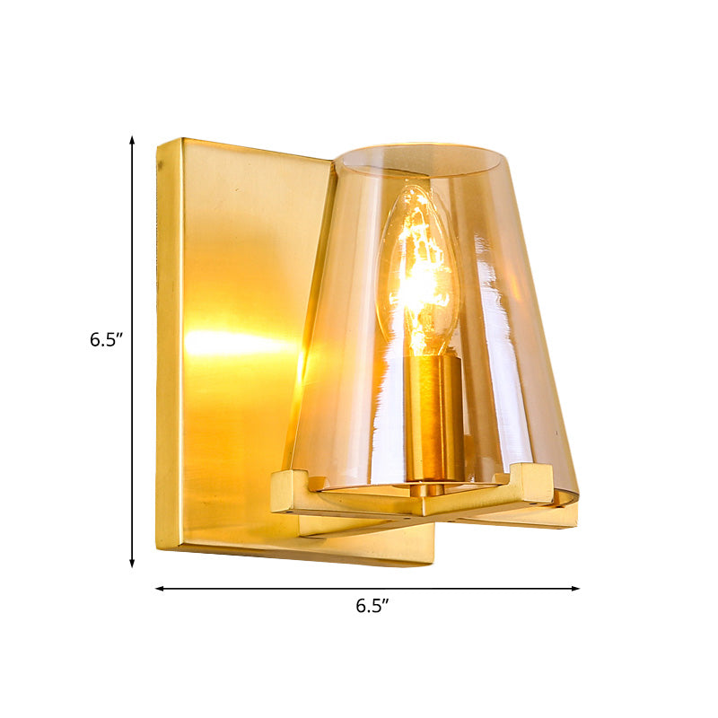 Gold Finish Rectangle Wall Sconce Post Modern 1 Bulb Metal Wall Lamp with Conic Amber Glass Shade Clearhalo 'Cast Iron' 'Glass' 'Industrial' 'Modern wall lights' 'Modern' 'Tiffany' 'Traditional wall lights' 'Wall Lamps & Sconces' 'Wall Lights' Lighting' 758976