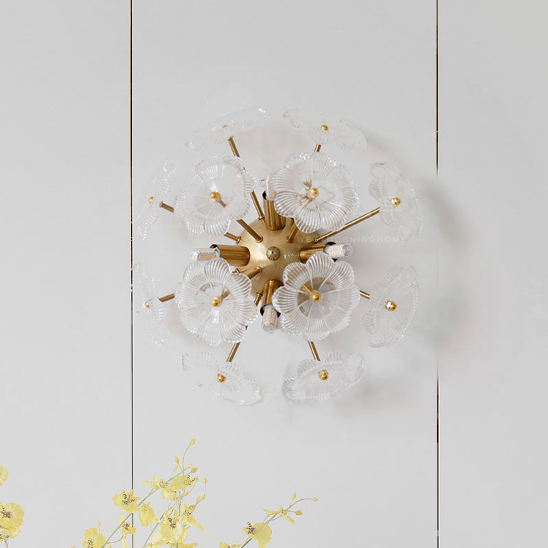 Clear Flower Glass Blossom Wall Light Sconce Contemporary 4 Heads Gold Finish Wall Mount Lamp Gold Clearhalo 'Cast Iron' 'Glass' 'Industrial' 'Modern wall lights' 'Modern' 'Tiffany' 'Traditional wall lights' 'Wall Lamps & Sconces' 'Wall Lights' Lighting' 758977
