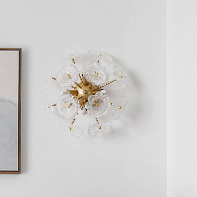 Clear Flower Glass Blossom Wall Light Sconce Contemporary 4 Heads Gold Finish Wall Mount Lamp Clearhalo 'Cast Iron' 'Glass' 'Industrial' 'Modern wall lights' 'Modern' 'Tiffany' 'Traditional wall lights' 'Wall Lamps & Sconces' 'Wall Lights' Lighting' 758978