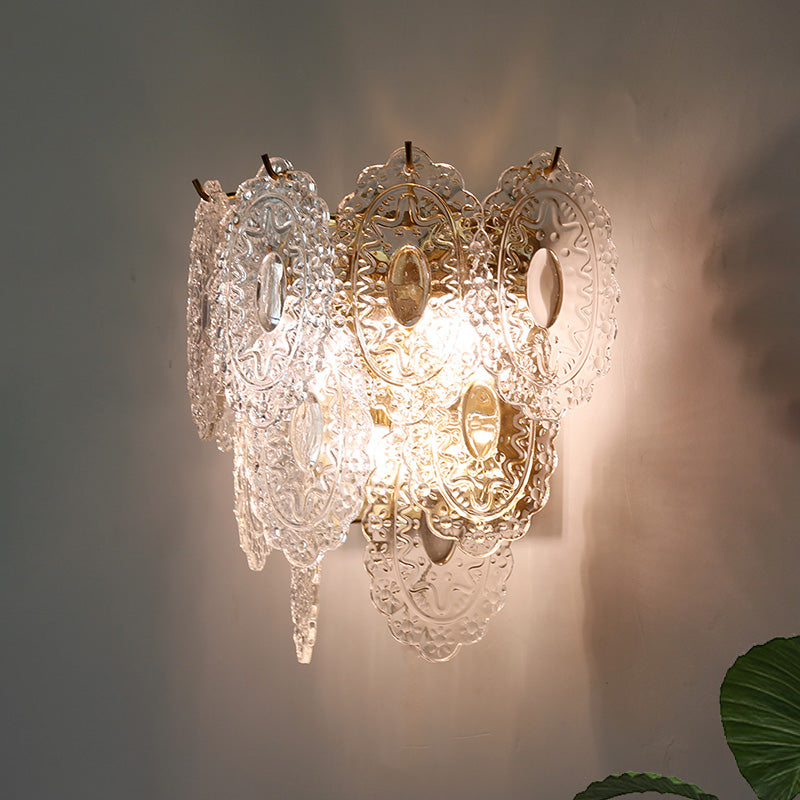 3 Layers Panel LED Sconce Lighting Contemporary Clear Carved Glass 3 Lights Corner Wall Lamp Fixture Clearhalo 'Cast Iron' 'Glass' 'Industrial' 'Modern wall lights' 'Modern' 'Tiffany' 'Traditional wall lights' 'Wall Lamps & Sconces' 'Wall Lights' Lighting' 758982