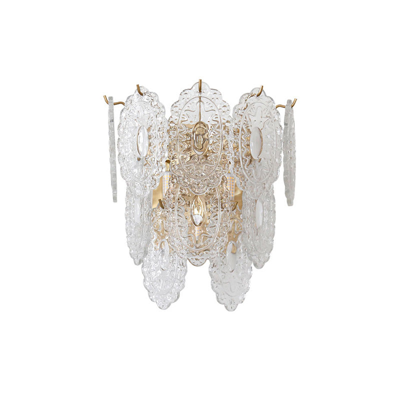 3 Layers Panel LED Sconce Lighting Contemporary Clear Carved Glass 3 Lights Corner Wall Lamp Fixture Clearhalo 'Cast Iron' 'Glass' 'Industrial' 'Modern wall lights' 'Modern' 'Tiffany' 'Traditional wall lights' 'Wall Lamps & Sconces' 'Wall Lights' Lighting' 758983