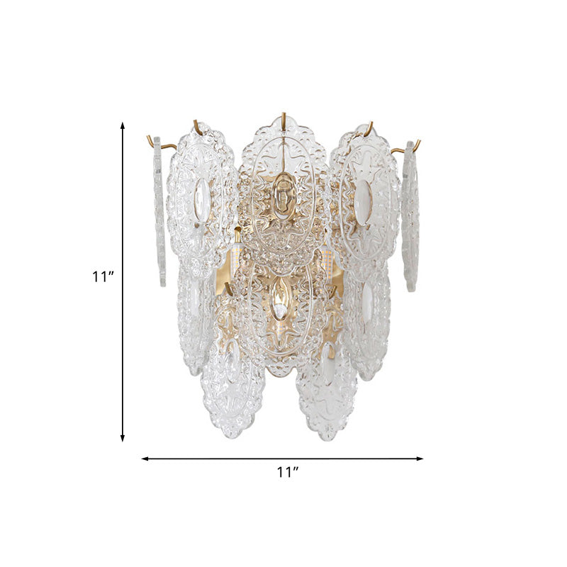 3 Layers Panel LED Sconce Lighting Contemporary Clear Carved Glass 3 Lights Corner Wall Lamp Fixture Clearhalo 'Cast Iron' 'Glass' 'Industrial' 'Modern wall lights' 'Modern' 'Tiffany' 'Traditional wall lights' 'Wall Lamps & Sconces' 'Wall Lights' Lighting' 758984