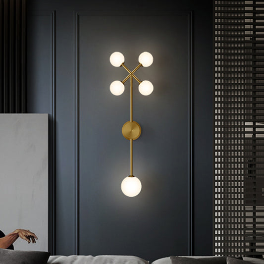 Modo Cream Glass Wall Light Fixture Postmodern 5-Light Gold Pencil Arm Wall Lamp Sconce Clearhalo 'Cast Iron' 'Glass' 'Industrial' 'Modern wall lights' 'Modern' 'Tiffany' 'Traditional wall lights' 'Wall Lamps & Sconces' 'Wall Lights' Lighting' 759034