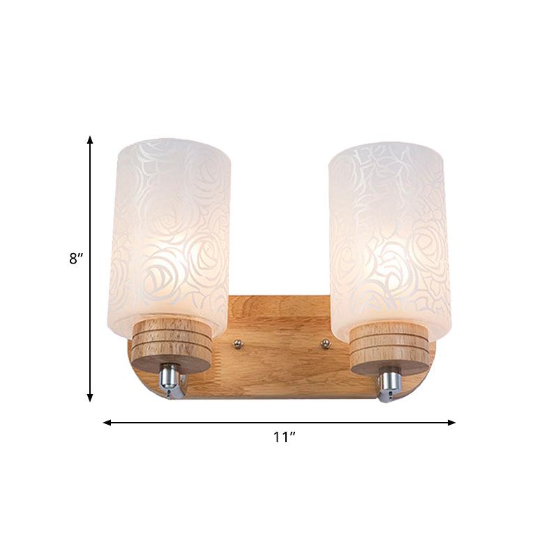 White Glass Cylinder Wall Light Sconce Modern 2 Heads Wood Wall Mount Lamp Fixture with Rose Pattern Clearhalo 'Modern wall lights' 'Modern' 'Wall Lamps & Sconces' 'Wall Lights' Lighting' 759044