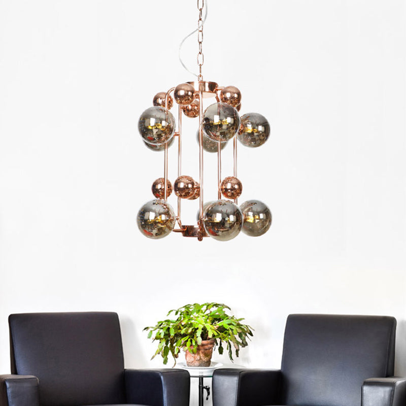 Ball Hanging Chandelier Modernist Smoke Gray/Amber Glass 10-Light Rose Gold Ceiling Suspension Lamp with Frame Smoke Gray Clearhalo 'Ceiling Lights' 'Chandeliers' 'Modern Chandeliers' 'Modern' Lighting' 759074
