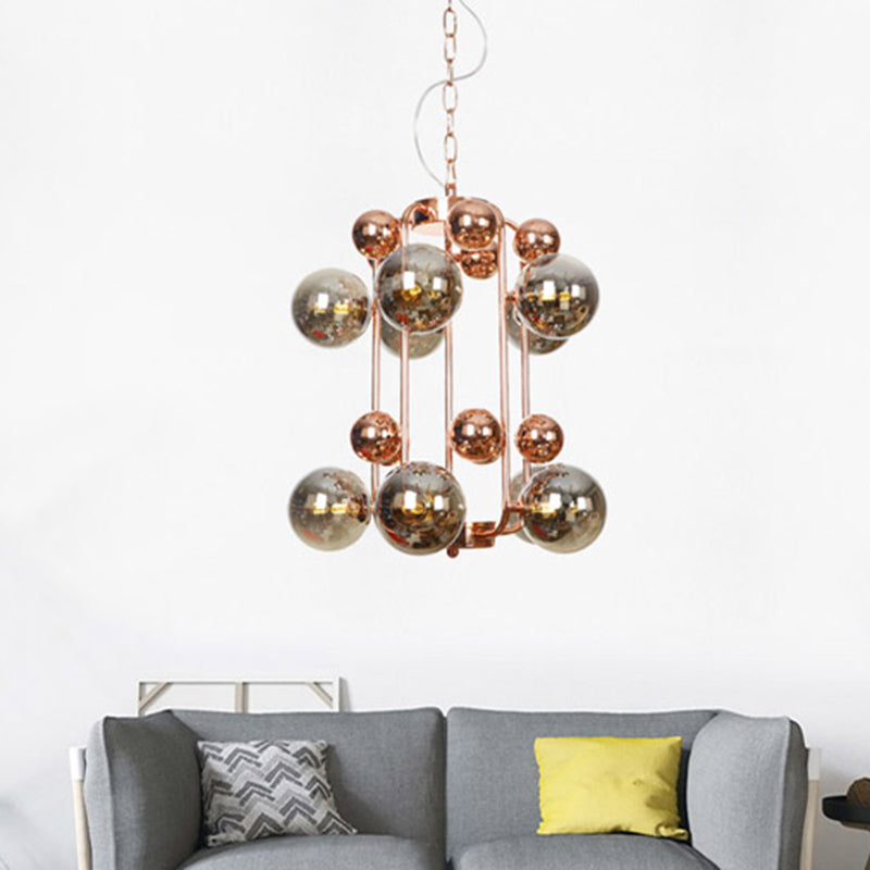 Ball Hanging Chandelier Modernist Smoke Gray/Amber Glass 10-Light Rose Gold Ceiling Suspension Lamp with Frame Clearhalo 'Ceiling Lights' 'Chandeliers' 'Modern Chandeliers' 'Modern' Lighting' 759075