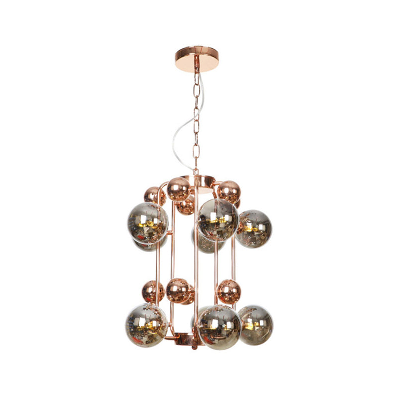 Ball Hanging Chandelier Modernist Smoke Gray/Amber Glass 10-Light Rose Gold Ceiling Suspension Lamp with Frame Clearhalo 'Ceiling Lights' 'Chandeliers' 'Modern Chandeliers' 'Modern' Lighting' 759076