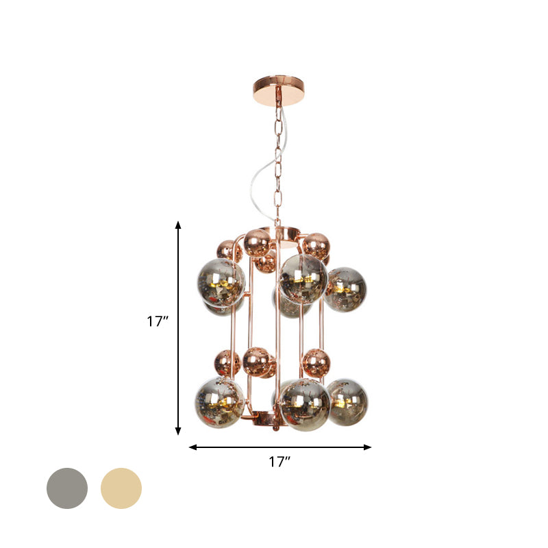 Ball Hanging Chandelier Modernist Smoke Gray/Amber Glass 10-Light Rose Gold Ceiling Suspension Lamp with Frame Clearhalo 'Ceiling Lights' 'Chandeliers' 'Modern Chandeliers' 'Modern' Lighting' 759077