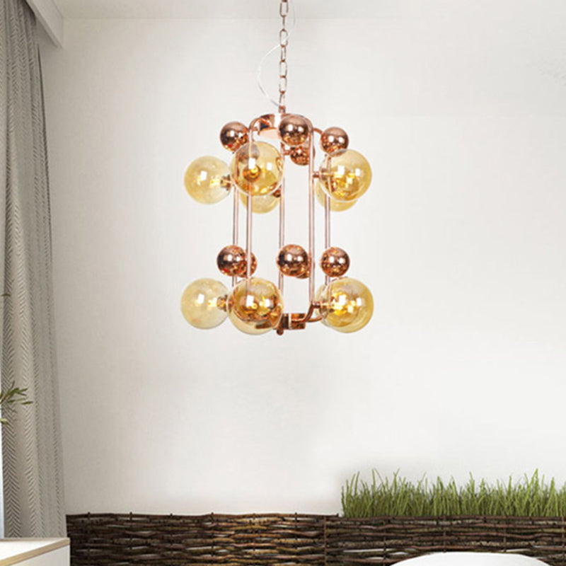 Ball Hanging Chandelier Modernist Smoke Gray/Amber Glass 10-Light Rose Gold Ceiling Suspension Lamp with Frame Clearhalo 'Ceiling Lights' 'Chandeliers' 'Modern Chandeliers' 'Modern' Lighting' 759079