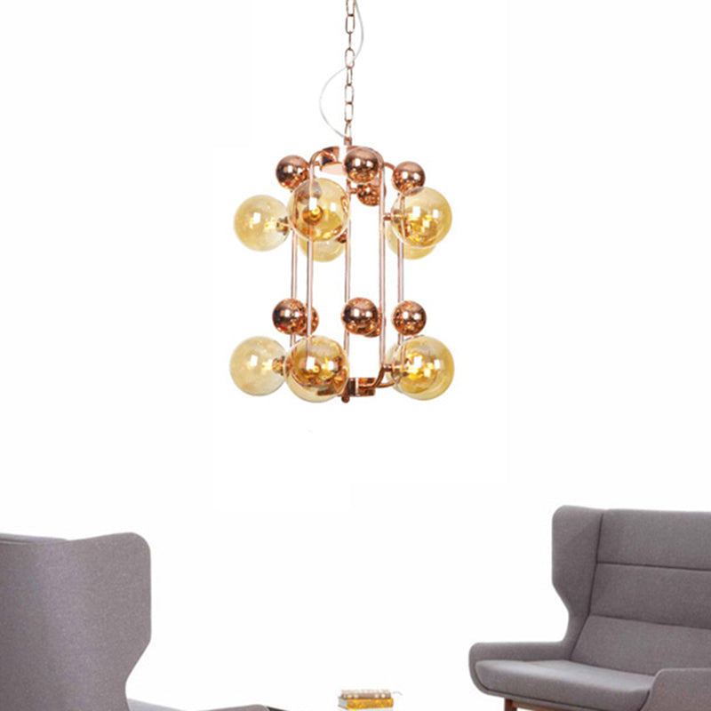 Ball Hanging Chandelier Modernist Smoke Gray/Amber Glass 10-Light Rose Gold Ceiling Suspension Lamp with Frame Clearhalo 'Ceiling Lights' 'Chandeliers' 'Modern Chandeliers' 'Modern' Lighting' 759080