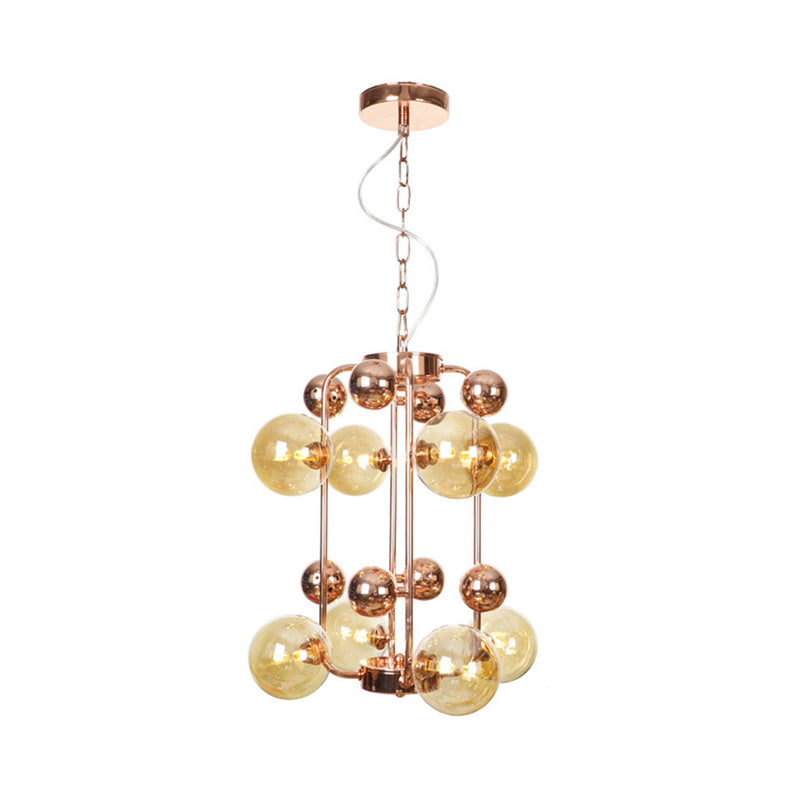 Ball Hanging Chandelier Modernist Smoke Gray/Amber Glass 10-Light Rose Gold Ceiling Suspension Lamp with Frame Clearhalo 'Ceiling Lights' 'Chandeliers' 'Modern Chandeliers' 'Modern' Lighting' 759081