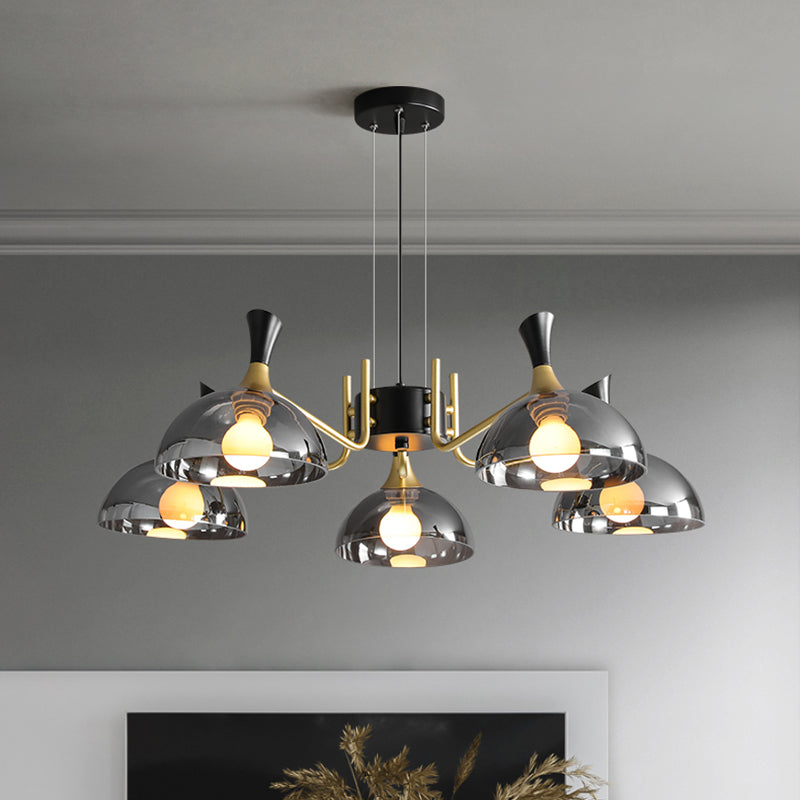 Modernism Dome Ceiling Chandelier Smoke Gray/Amber Glass 5 Bulbs Bedroom Pendant Light Fixture Clearhalo 'Ceiling Lights' 'Chandeliers' 'Modern Chandeliers' 'Modern' Lighting' 759087