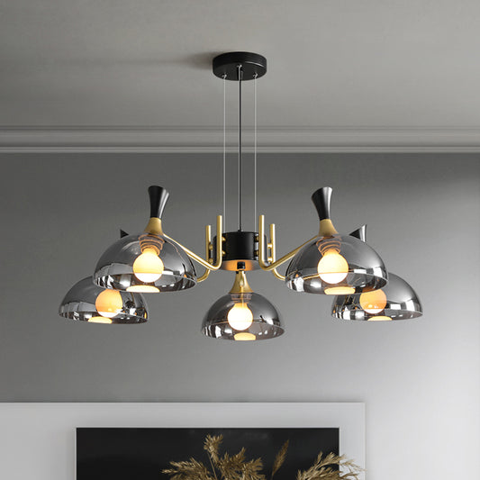 Modernism Dome Ceiling Chandelier Smoke Gray/Amber Glass 5 Bulbs Bedroom Pendant Light Fixture Clearhalo 'Ceiling Lights' 'Chandeliers' 'Modern Chandeliers' 'Modern' Lighting' 759087