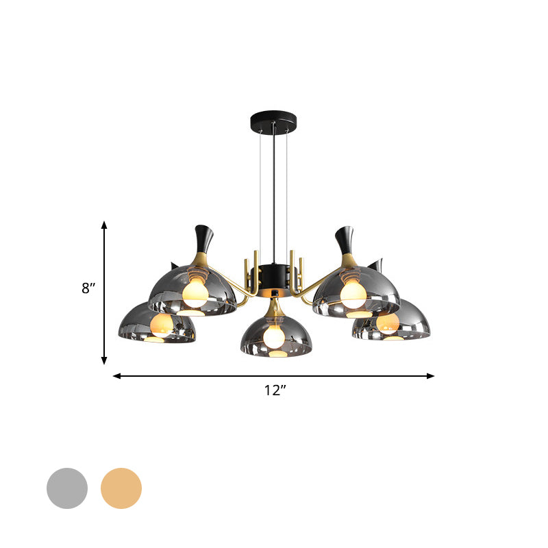 Modernism Dome Ceiling Chandelier Smoke Gray/Amber Glass 5 Bulbs Bedroom Pendant Light Fixture Clearhalo 'Ceiling Lights' 'Chandeliers' 'Modern Chandeliers' 'Modern' Lighting' 759089