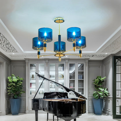 5 Heads Living Room Semi Flush Postmodern Gold Flush Ceiling Light with Drum Blue Glass Shade Blue Clearhalo 'Ceiling Lights' 'Close To Ceiling Lights' 'Close to ceiling' 'Glass shade' 'Glass' 'Semi-flushmount' Lighting' 759094