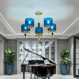 5 Heads Living Room Semi Flush Postmodern Gold Flush Ceiling Light with Drum Blue Glass Shade Blue Clearhalo 'Ceiling Lights' 'Close To Ceiling Lights' 'Close to ceiling' 'Glass shade' 'Glass' 'Semi-flushmount' Lighting' 759094