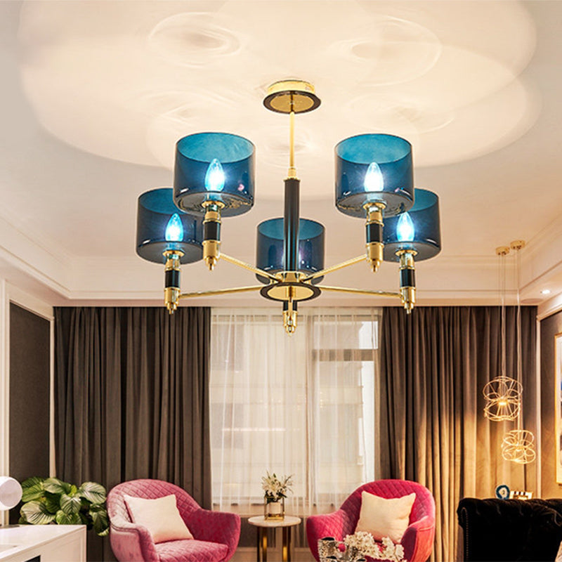 5 Heads Living Room Semi Flush Postmodern Gold Flush Ceiling Light with Drum Blue Glass Shade Clearhalo 'Ceiling Lights' 'Close To Ceiling Lights' 'Close to ceiling' 'Glass shade' 'Glass' 'Semi-flushmount' Lighting' 759095