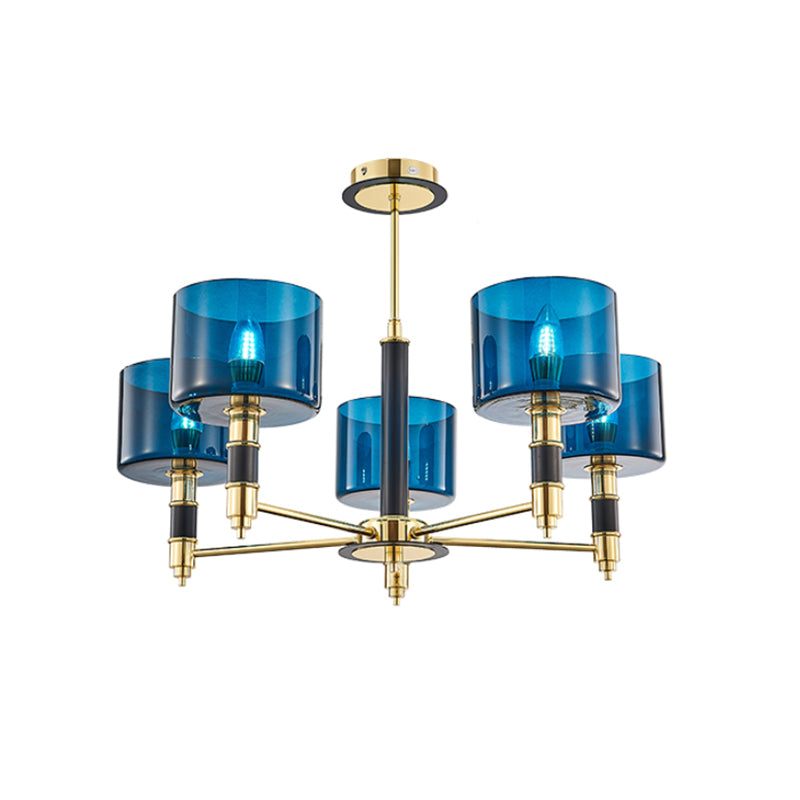 5 Heads Living Room Semi Flush Postmodern Gold Flush Ceiling Light with Drum Blue Glass Shade Clearhalo 'Ceiling Lights' 'Close To Ceiling Lights' 'Close to ceiling' 'Glass shade' 'Glass' 'Semi-flushmount' Lighting' 759096
