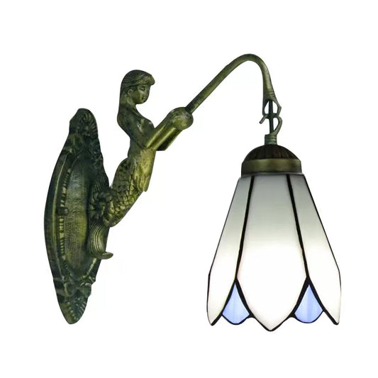 1 Head Cone Wall Light Fixture Tiffany White/Blue Glass Sconce Lighting with Mermaid Backplate Clearhalo 'Industrial' 'Middle century wall lights' 'Tiffany wall lights' 'Tiffany' 'Wall Lamps & Sconces' 'Wall Lights' Lighting' 7590