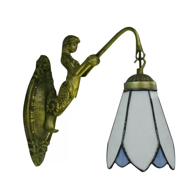 1 Head Cone Wall Light Fixture Tiffany White/Blue Glass Sconce Lighting with Mermaid Backplate Clearhalo 'Industrial' 'Middle century wall lights' 'Tiffany wall lights' 'Tiffany' 'Wall Lamps & Sconces' 'Wall Lights' Lighting' 7591