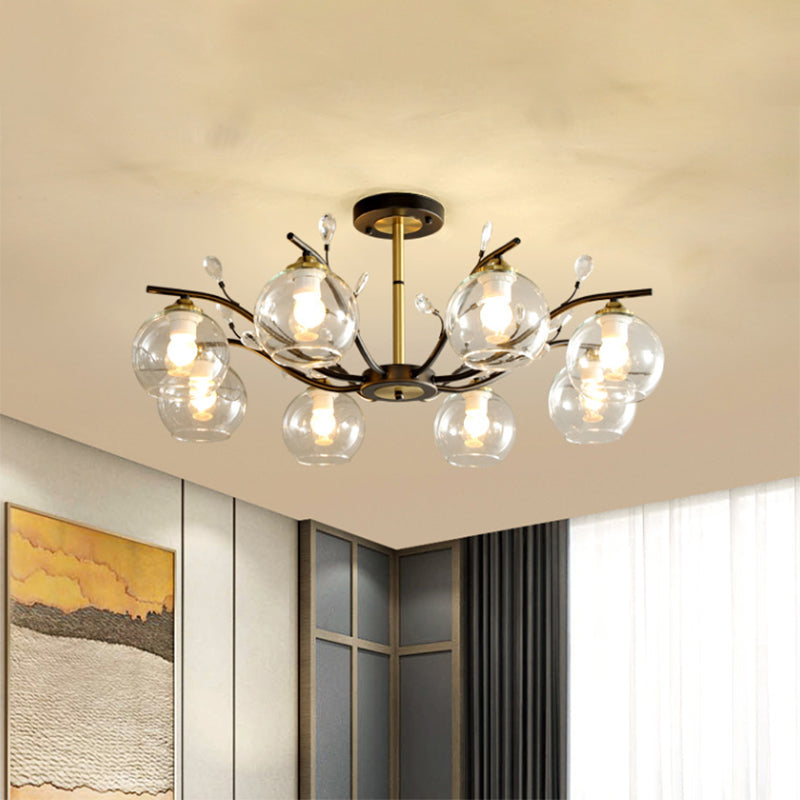 Cream/Clear Glass Global Semi Flush Mount Modernist 8-Bulb Black and Gold Flush Ceiling Light with Crystal Accent Clearhalo 'Ceiling Lights' 'Close To Ceiling Lights' 'Close to ceiling' 'Glass shade' 'Glass' 'Island Lights' 'Semi-flushmount' Lighting' 759111