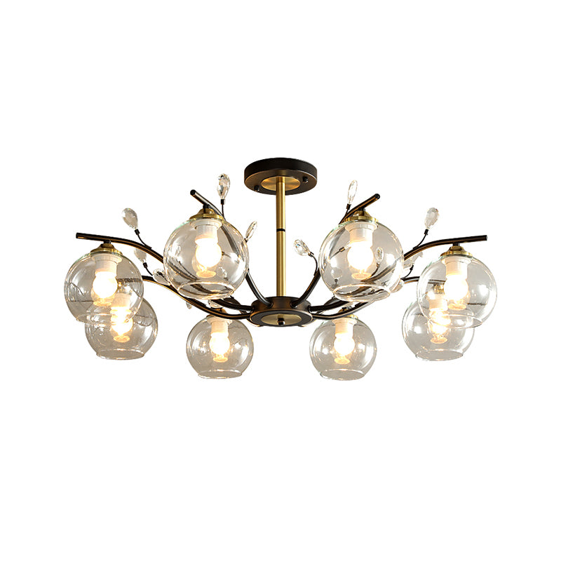 Cream/Clear Glass Global Semi Flush Mount Modernist 8-Bulb Black and Gold Flush Ceiling Light with Crystal Accent Clearhalo 'Ceiling Lights' 'Close To Ceiling Lights' 'Close to ceiling' 'Glass shade' 'Glass' 'Island Lights' 'Semi-flushmount' Lighting' 759112