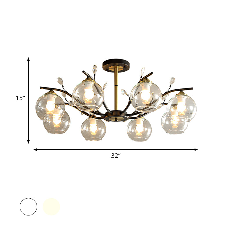 Cream/Clear Glass Global Semi Flush Mount Modernist 8-Bulb Black and Gold Flush Ceiling Light with Crystal Accent Clearhalo 'Ceiling Lights' 'Close To Ceiling Lights' 'Close to ceiling' 'Glass shade' 'Glass' 'Island Lights' 'Semi-flushmount' Lighting' 759113