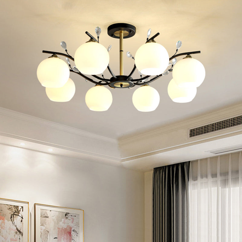 Cream/Clear Glass Global Semi Flush Mount Modernist 8-Bulb Black and Gold Flush Ceiling Light with Crystal Accent Clearhalo 'Ceiling Lights' 'Close To Ceiling Lights' 'Close to ceiling' 'Glass shade' 'Glass' 'Island Lights' 'Semi-flushmount' Lighting' 759115